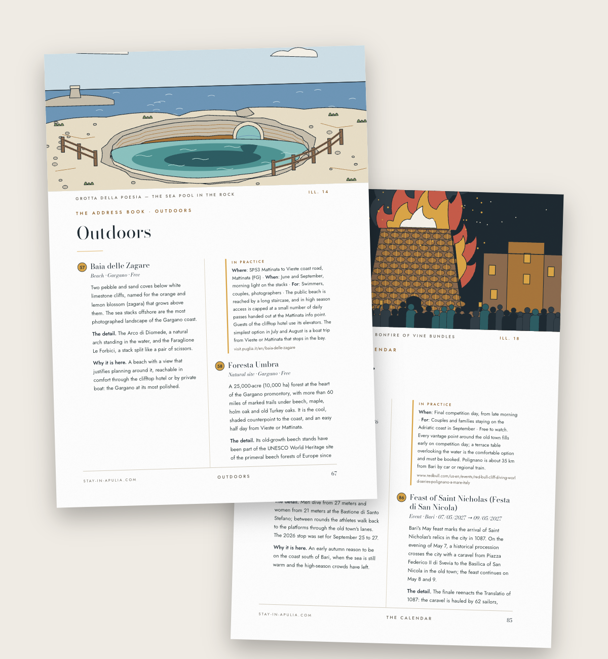 The illustrated openings of the Outdoors and Calendar chapters of The Apulia Guide