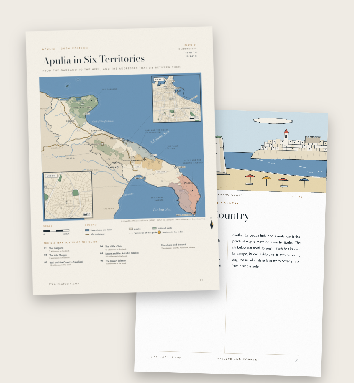 The map of the six territories of The Apulia Guide, with insets for Bari and Lecce
