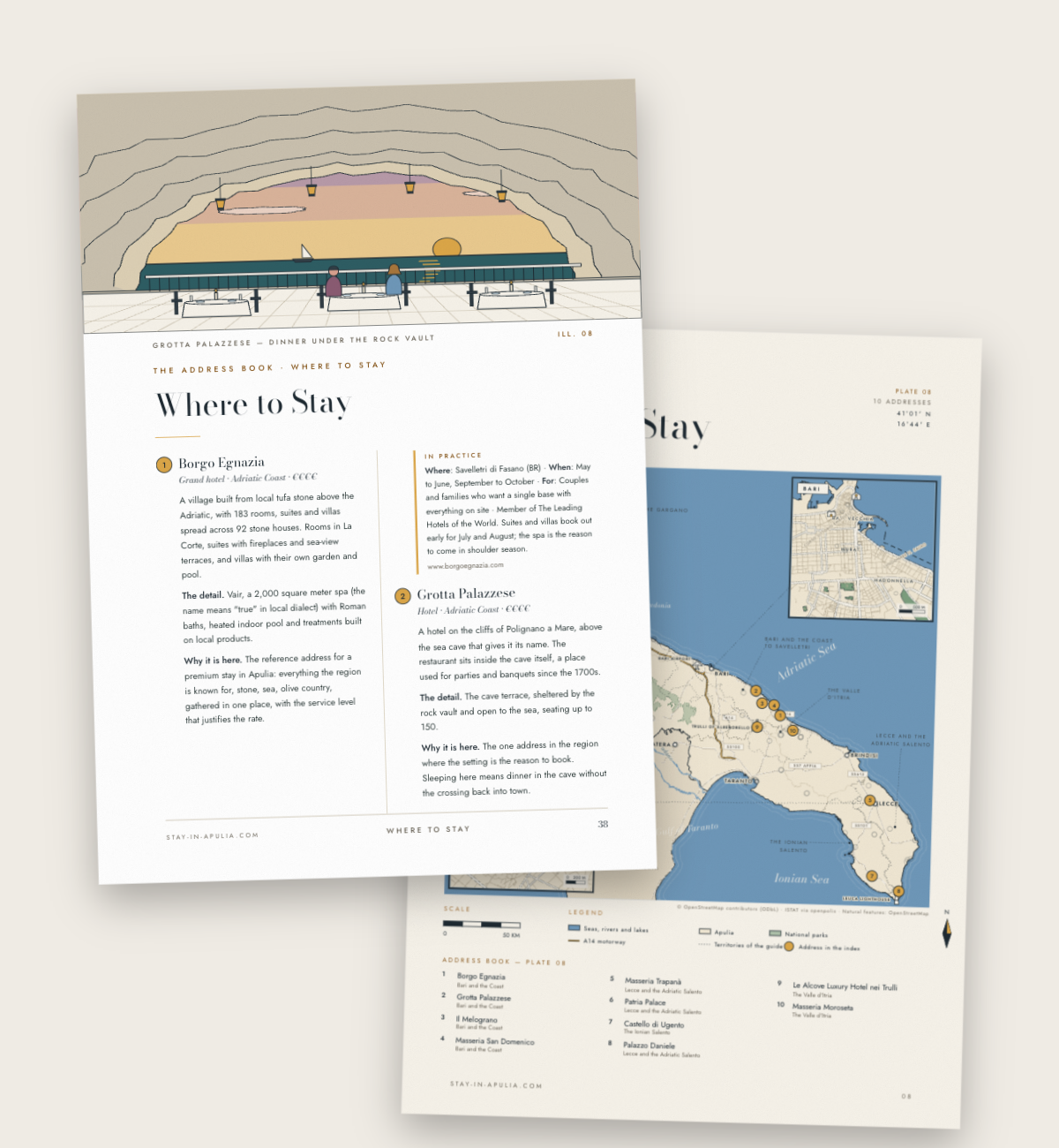 The illustrated opening of the Where to Stay chapter and its map in The Apulia Guide